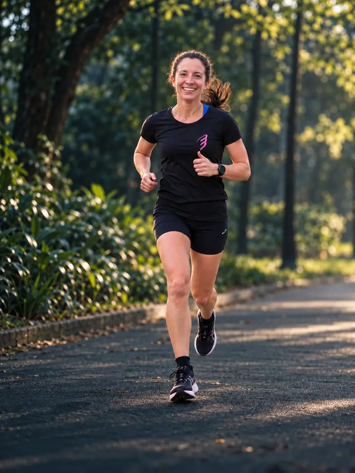 Bianca Personal correndo em parque ao nascer do sol, assessoria de corrida em São Paulo