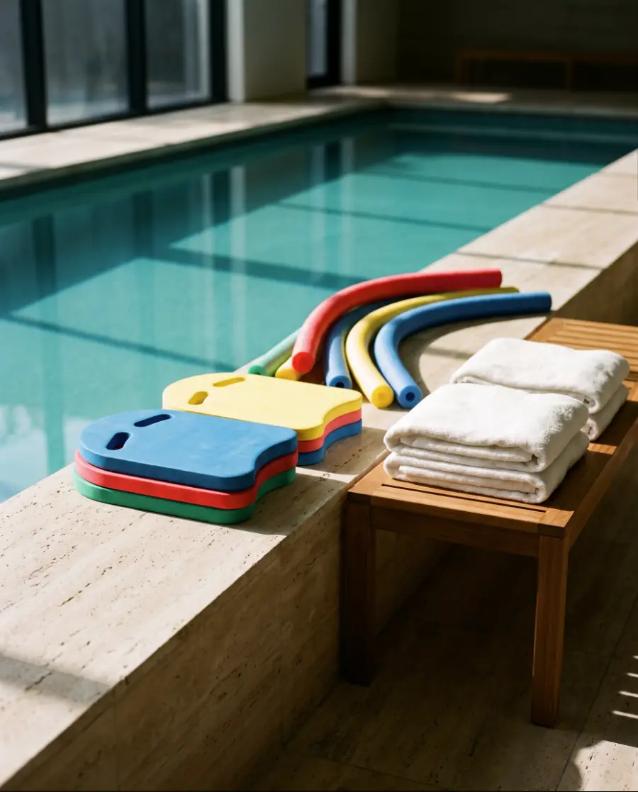 Piscina de condomínio preparada para aula de natação infantil, com pranchas e espaguetes